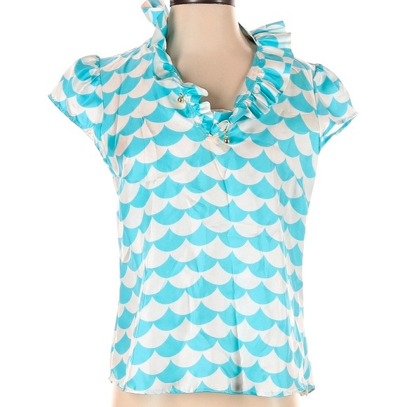 Elizabeth McKay 100% Silk Ruffled Blouse in Fontainee Turquoise Size 2 XS NWT - Picture 4 of 11